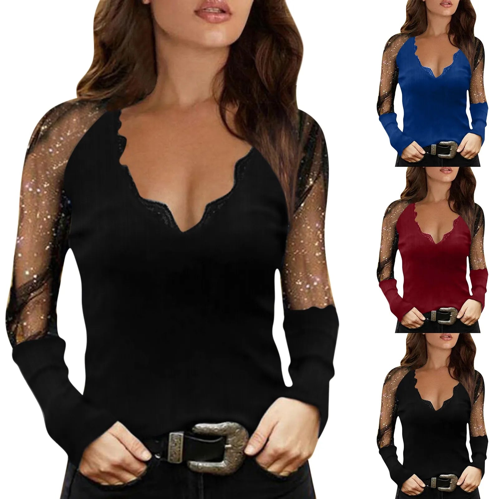 Elegant Mesh Blouse Women Slim Elastic V-neck Printed Lace Sexy Long Sleeve Top Fashion Streetwear Tops Blusas Mujer De Moda