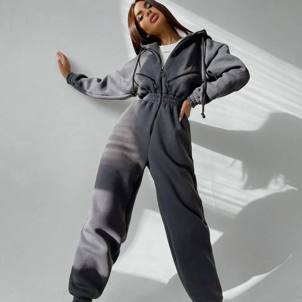 Autumn Women's Monochrome Long-Sleeved Jumpsuit Solid Color Zip-up Sportswear Female Winter Casual Tracksuit Fashionable Hoodies