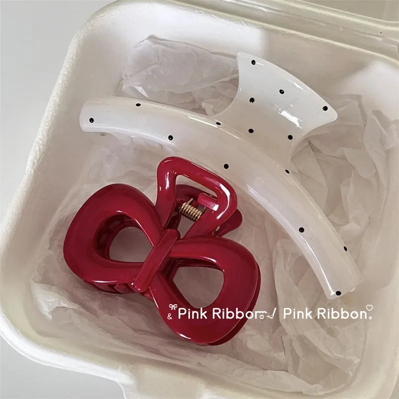 2Pcs/set Vintage Blue Polka Dot Red Bow Hair Clip Shark Claw Clamp Hairpin Barrette Korean Hair Headwear Accessory For Women
