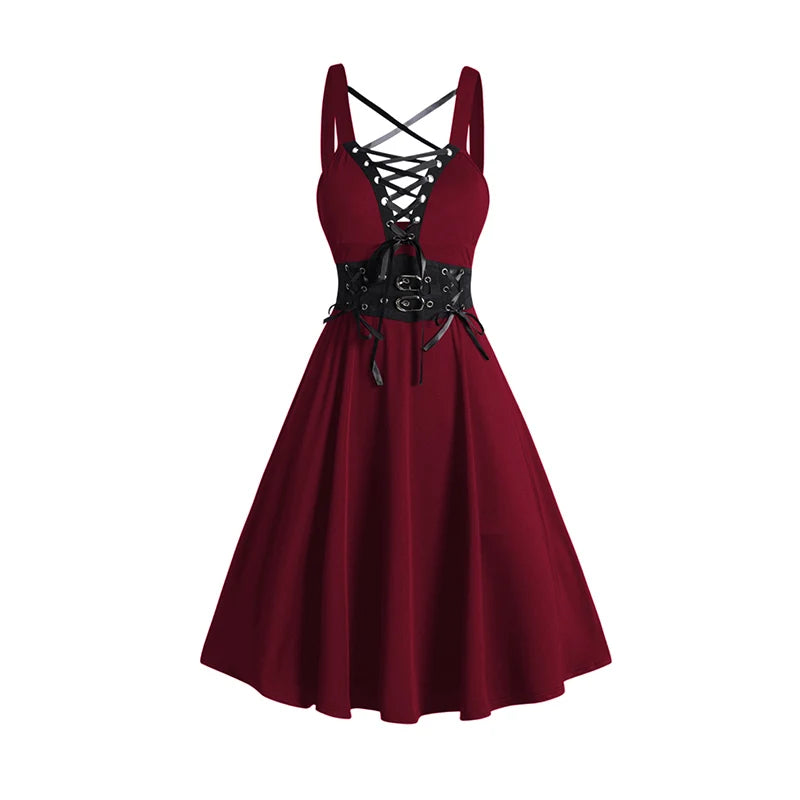 2025 Womens Gothic Dresses Sets Solid Color Open Front Crop Jacket and Lace Up Buckle Strap Crisscross Dress Outfit