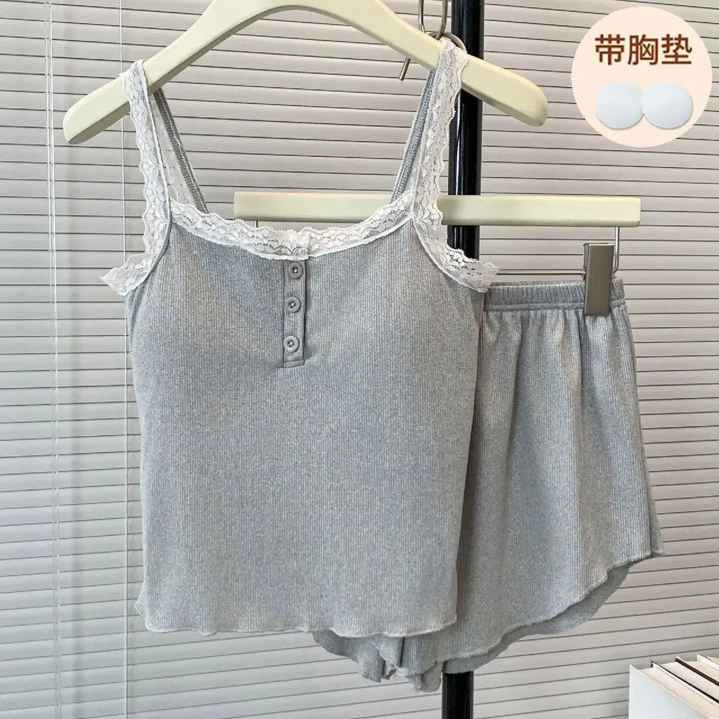 Casual Women Pajamas Summer Sleepwear Spaghetti Strap Shorts Sets 2 Pieces Night Wears O-neck Korean Sleeping Solid Home Suit