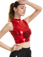 CHSDCSI Sexy Slim Shiny Sleeveless Vest Women High Street Tanks Summer Short Tops Fashion Punk Silver Gold Crop Clubwear