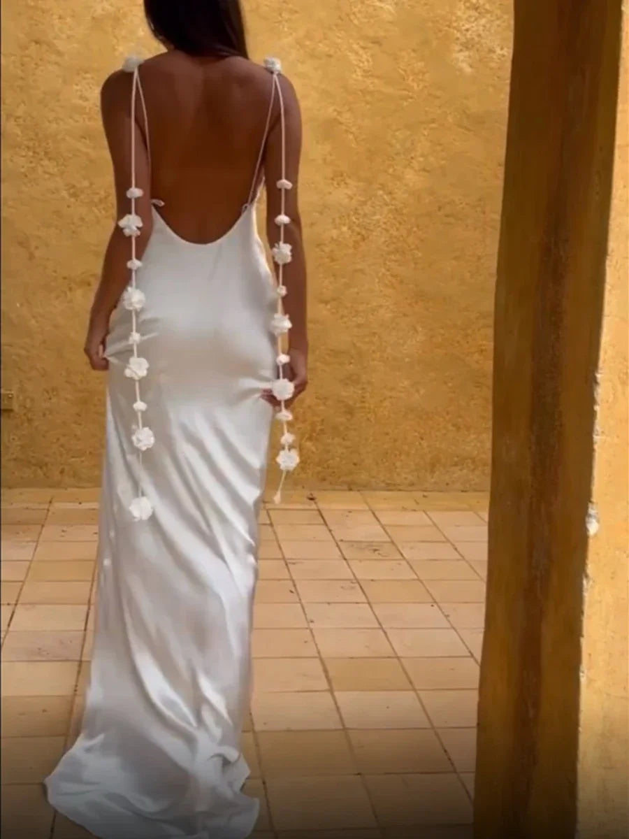 Combhasaki Women's Vintage Solid Color Flower Tassel Backless Sleeveless Summer Party Club Satin Maxi Long Bodycon Sling Dress