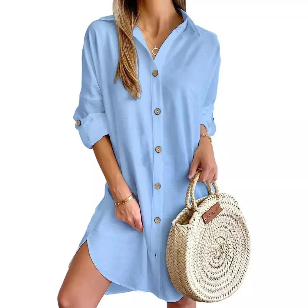 Elegant Women's White Spring And Autumn Casual Long Sleeved Lapel Button Up Shirt Dress 2024 Fashionable Woman Loose Mini Dress