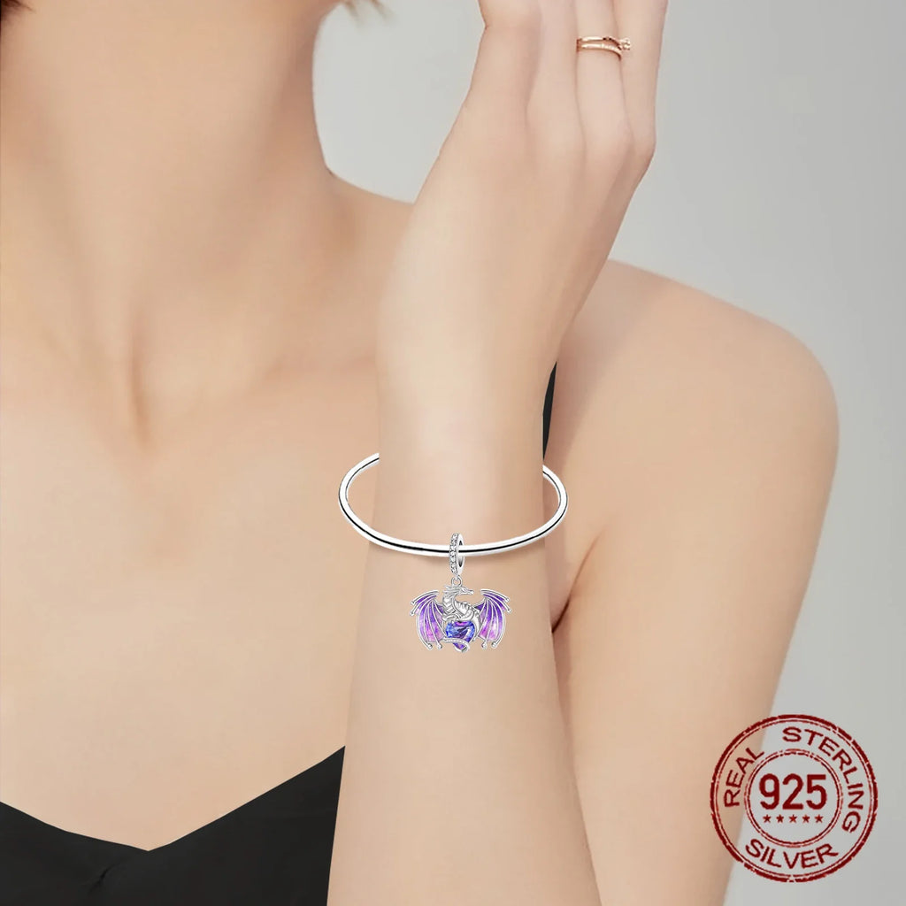 925 Sterling Silver Purple Dragon Flying Dragon Pendant Charm Fit Original Charms Bracelets Women DIY Jewelry Gift