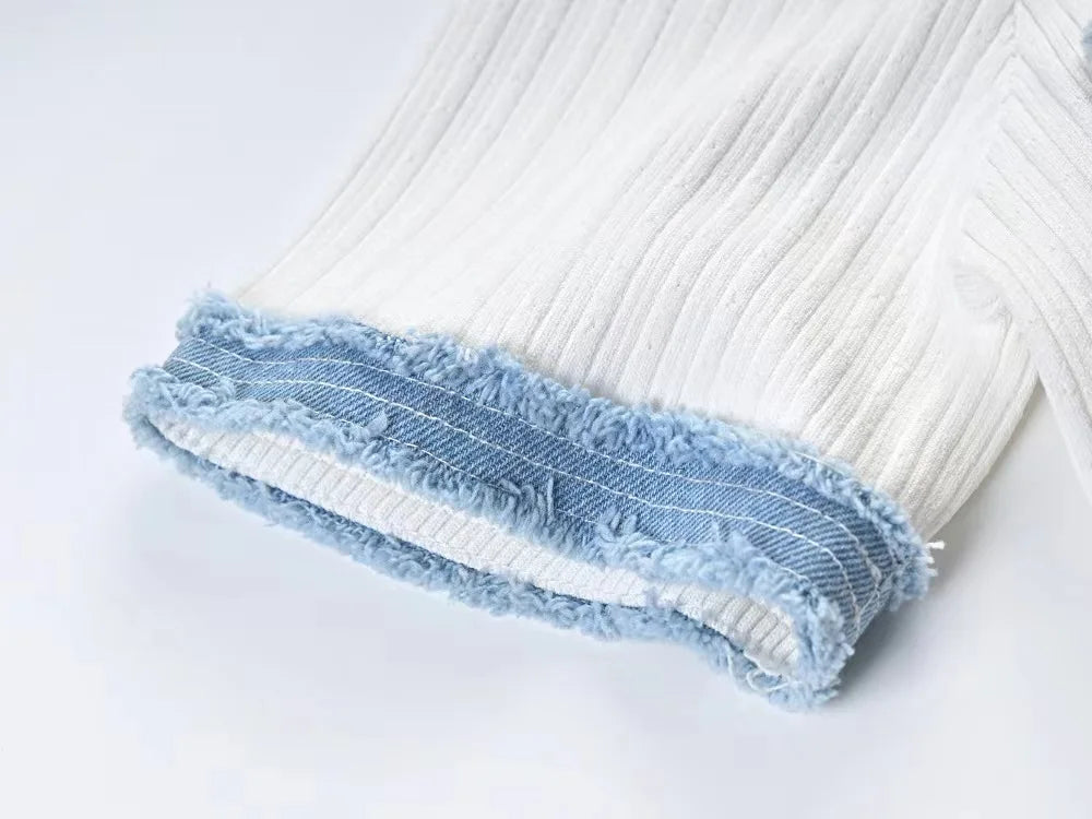 Elegant Denim Patchwork Knitted Long Dress Women Fashion V Neck Short Sleeved Buttons Bodycon Dresses Female White Pockets Robes