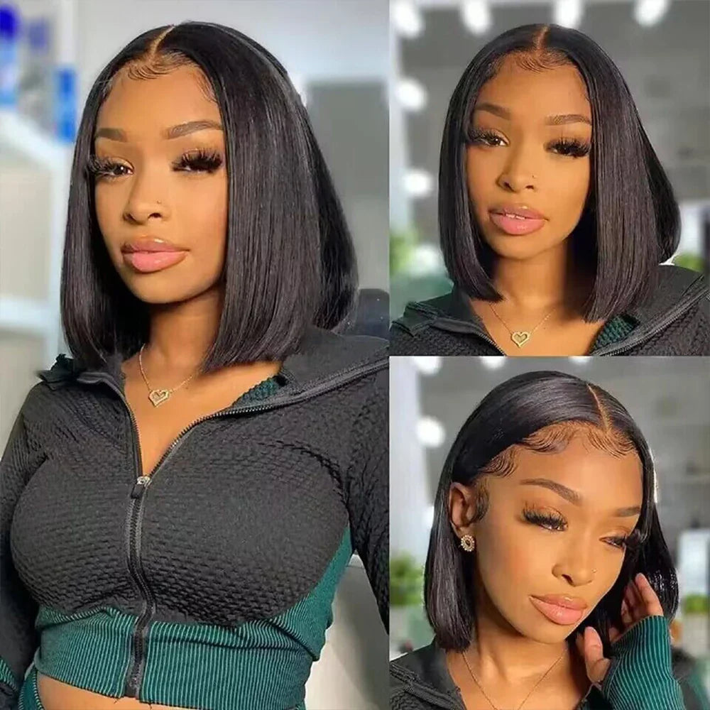 200% Density 13x4 Short Bob Straight Brazilian Remy Hair HD Transparent Lace Full Lace Frontal Wigs 100% Human Hair For Women