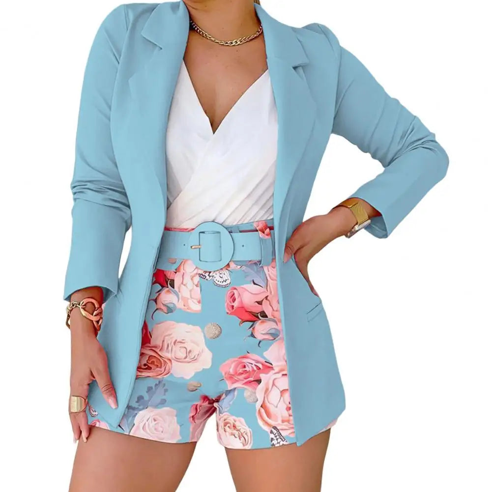 2 Pcs/Set Women Coat Shorts Set Solid Color Long Sleeves Female Outfit Set Flower Print Turn-down Collar Lady Top Shorts Suit