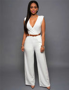 Business Formal Jumpsuit Work Wear Women Romper Elegant Long Deep V Neck Sleeveless High Waist Wrap Jumpsuits Fashion Streetwear