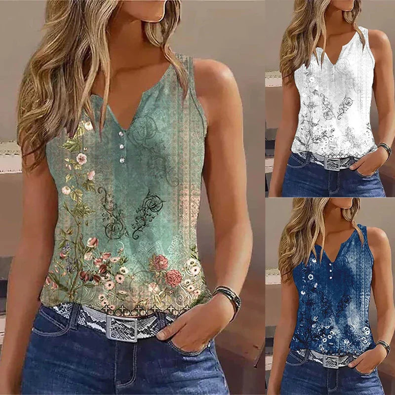 2024 New Casual Small Vest T-shirt Suspenders Woman Clothes Fashion V-neck Painted Grace Top Ladies Tank Top Camisole for Summer