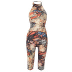 CUTENOVA Women'S Full-Body Printed Hanging Neck Big Backless Skinny Five-Point Jumpsuit Sexy Fashion Street Trend Jumpsuit