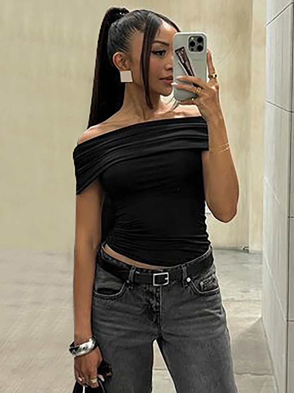 Dulzura Sleeveless Off Shoulder Ruched Bodycon Crop Top Solid Sexy Elegant T-Shirt Party Club Streetwear Spring Summer Top