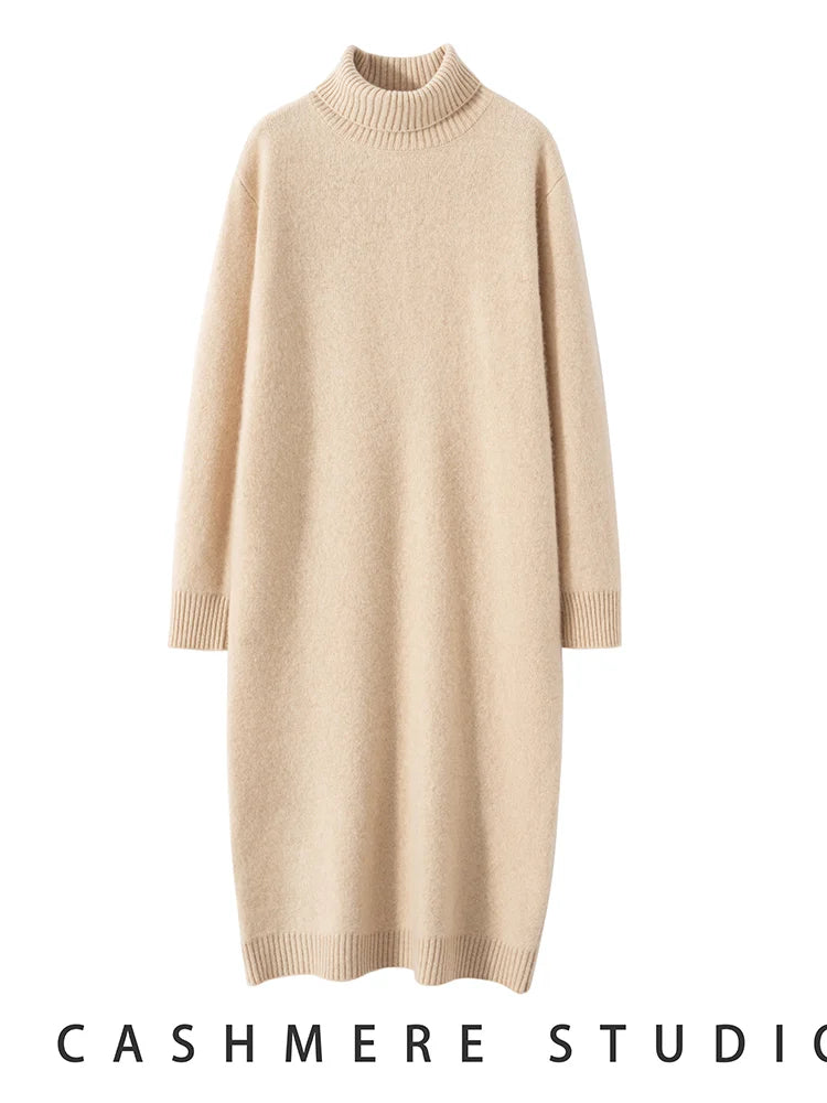 100% Cashmere Sweater Long Dress New Women High Turn-down Collar Pullover  Soft Cosy Autumn Winter Casual Solid Knitwear Dress