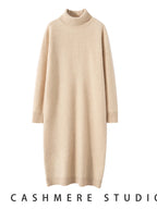 100% Cashmere Sweater Long Dress New Women High Turn-down Collar Pullover  Soft Cosy Autumn Winter Casual Solid Knitwear Dress