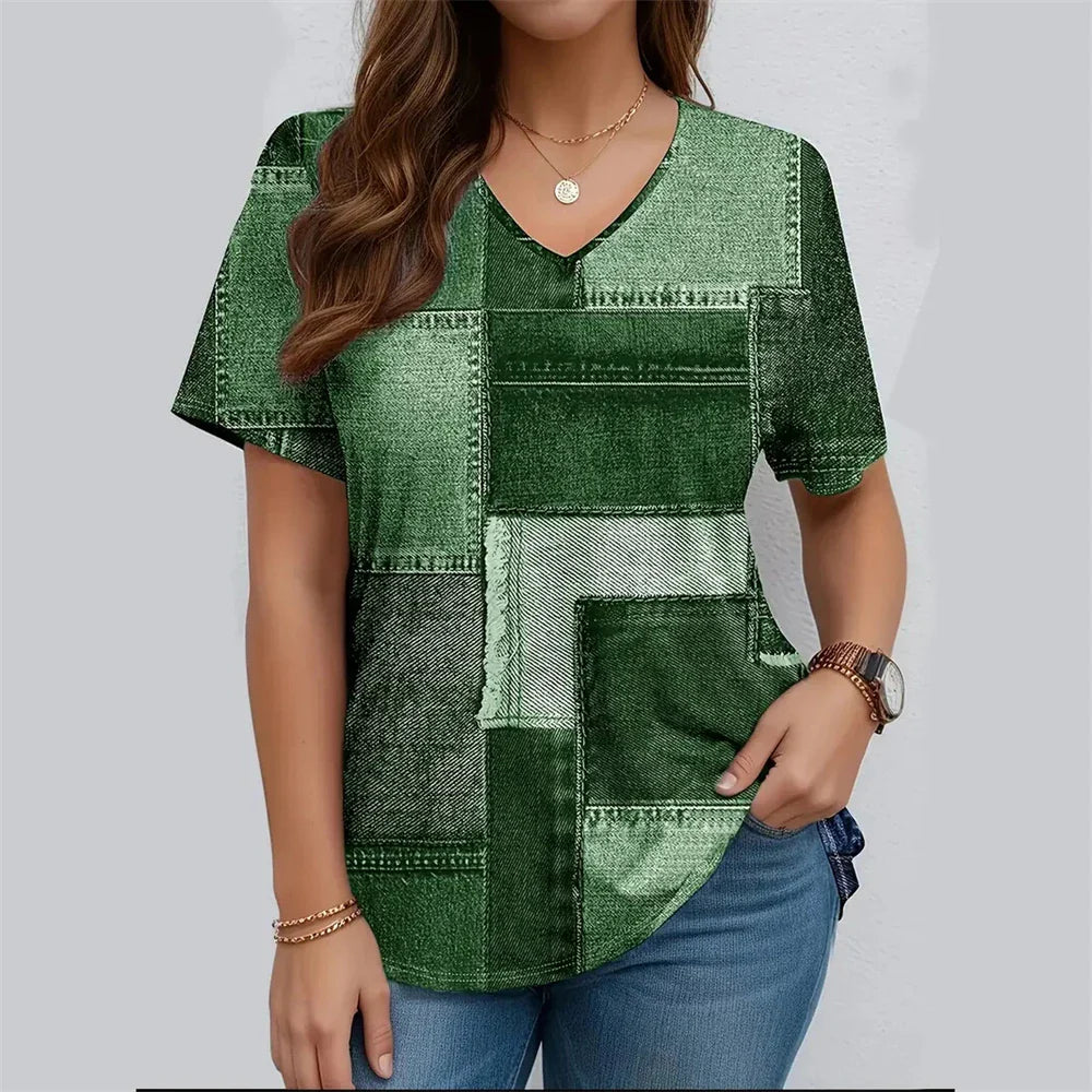 Checkered 3D Pattern Printed Women's V-Neck Short Sleeve Striped Minimally Printed Woman ClothingTop Women's Loose Women's Shirt