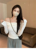Elegant Off-Shoulder Long Sleeve Knitted Top For Women 2023 Autumn Slimming Smooth Base Layer T-Shirt Polyester Fiber Full Sleev