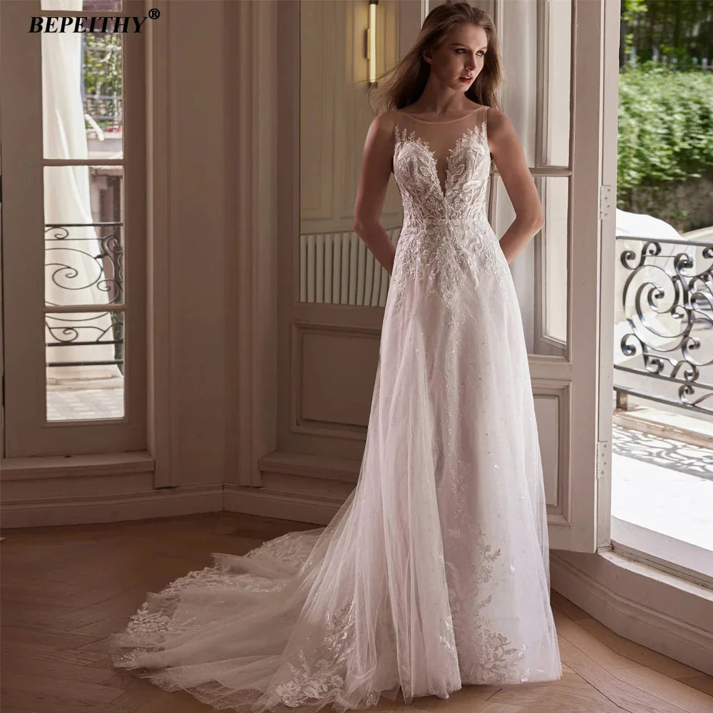 BEPEITHY Customized Strapless A Line Off Shoulder Long Sleeves Bride Ivory Wedding Dresses Glitter Court Train Bridal Gown 2025