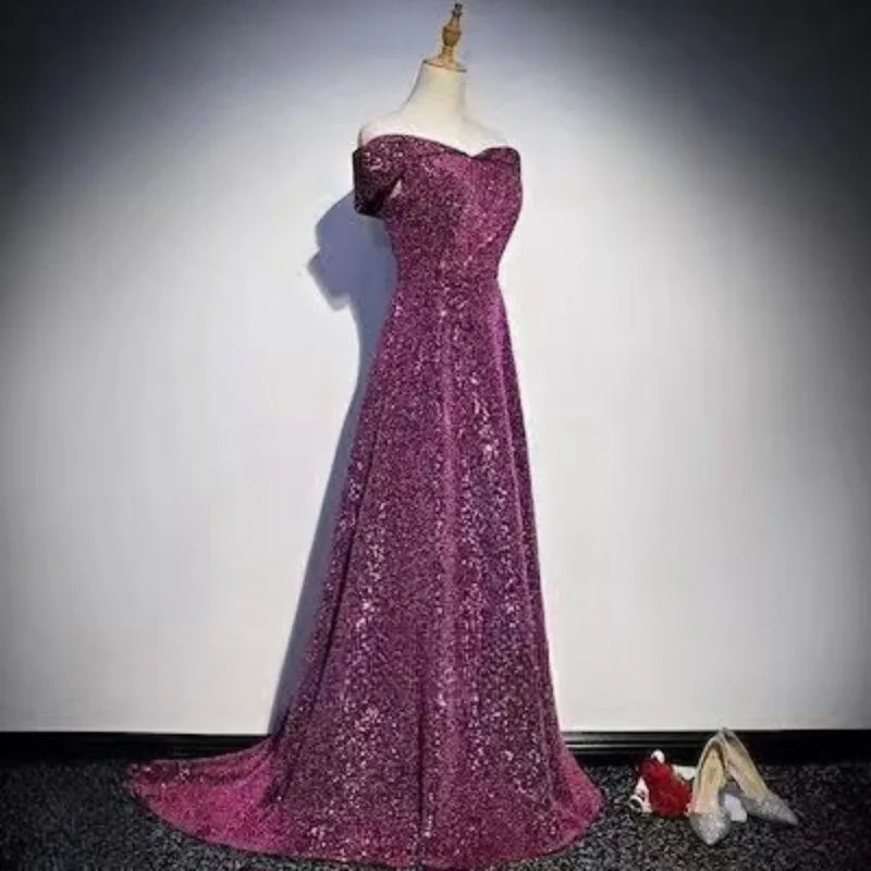 2025 New Women's Sparkling Purple Skirt One Shoulder Small Tail Evening Dress Fashionable Slimming Banquet Host Dress