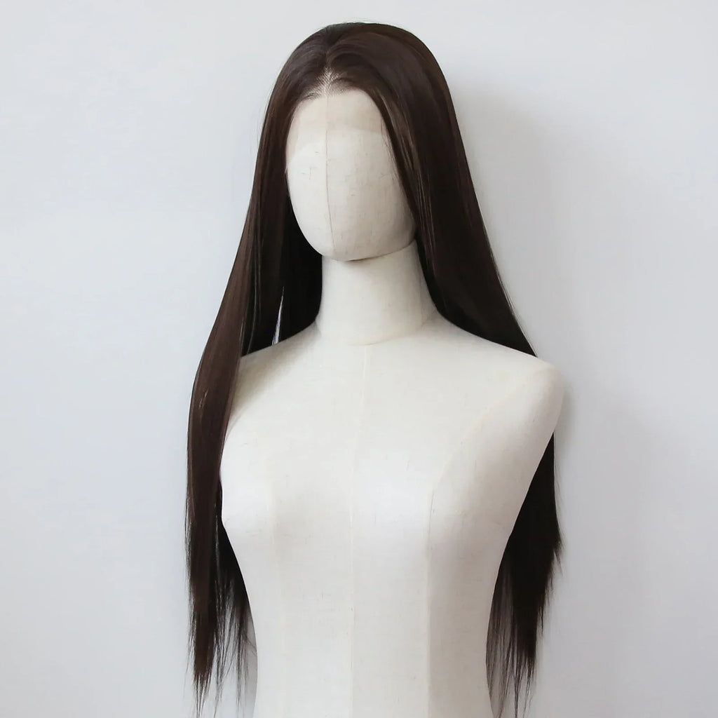 13*4 Dark Brown Synthetic Lace Front Wigs Chocolate Brown Long Straight Lace Front Wig for Women Pre Plucked Natural Hairline
