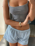 Blue Striped Tank Shorts Pajama Set Women Summer Sleeveless Crop Top+Elastic Waist Straight Short Pant Cotton Home 2 Piece Sets