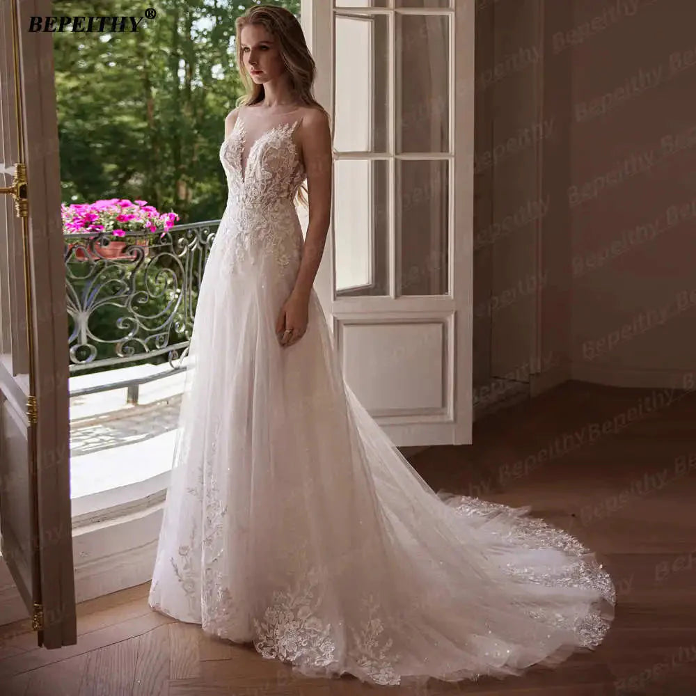 BEPEITHY Customized Strapless A Line Off Shoulder Long Sleeves Bride Ivory Wedding Dresses Glitter Court Train Bridal Gown 2025