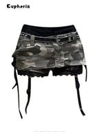 Euphoria American Y2k Mini Skirt With Lace Women Gothic Punk Camouflage Denim Skirt Streetwear Summer Harajuku Retro Spicy Y2k