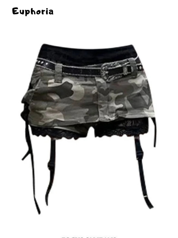 Euphoria American Y2k Mini Skirt With Lace Women Gothic Punk Camouflage Denim Skirt Streetwear Summer Harajuku Retro Spicy Y2k
