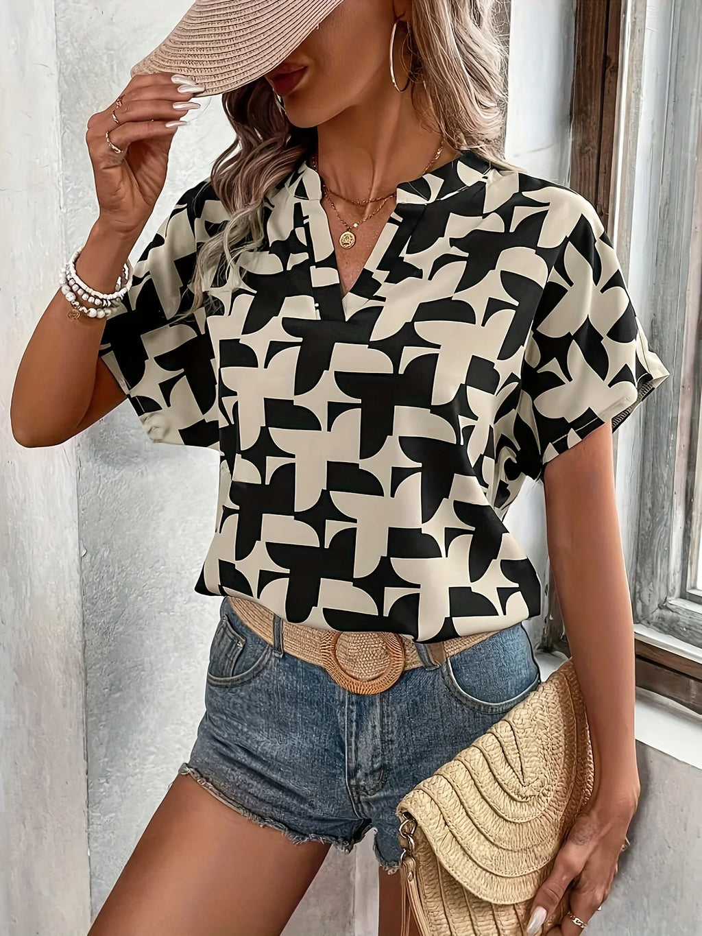 Elegant Summer Women's Print Shirt Casual Office Lady Notched V Neck Batwing Sleeve Blouses Tops