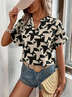 Elegant Summer Women's Print Shirt Casual Office Lady Notched V Neck Batwing Sleeve Blouses Tops