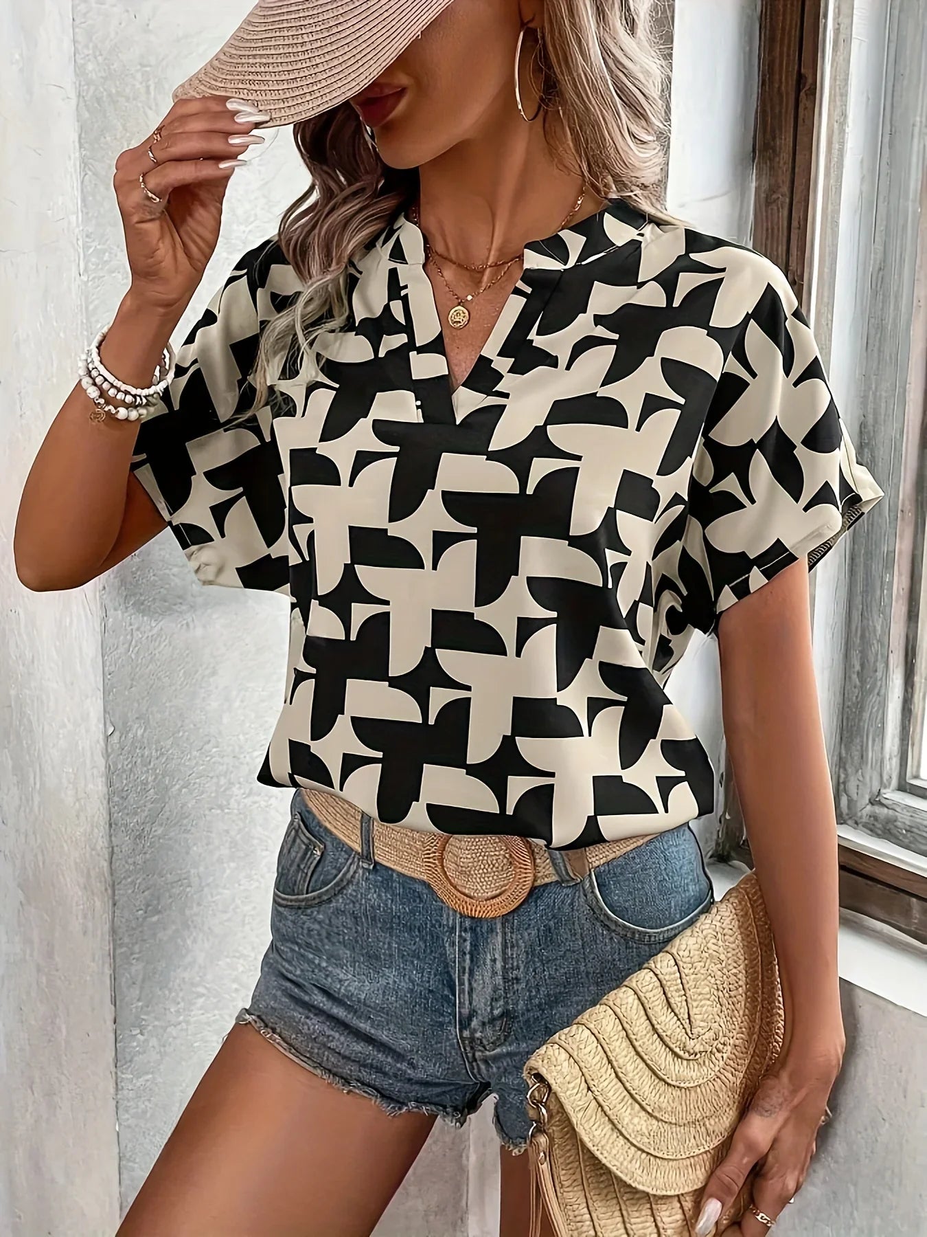 Elegant Summer Women's Print Shirt Casual Office Lady Notched V Neck Batwing Sleeve Blouses Tops