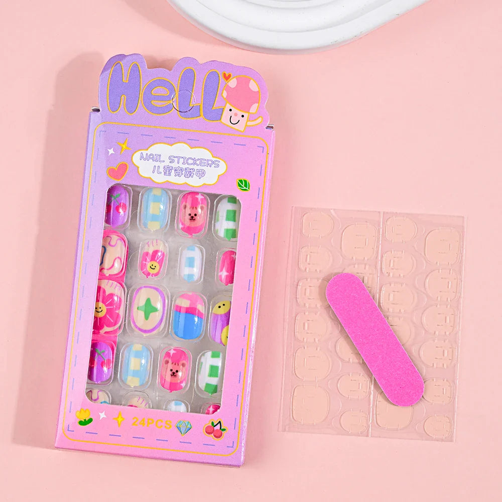 24Pcs Children Cartoon Nail Tips Colorful Cute Rabbit Pink Stars 6-14 Years old Girl Fake Nail With Jelly Glue Kids False Nail