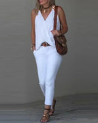 Elegant V-Neck Blouse for Women, Sexy Sleeveless Chain Print, Lady Casual Tops, White, Summer, 2024