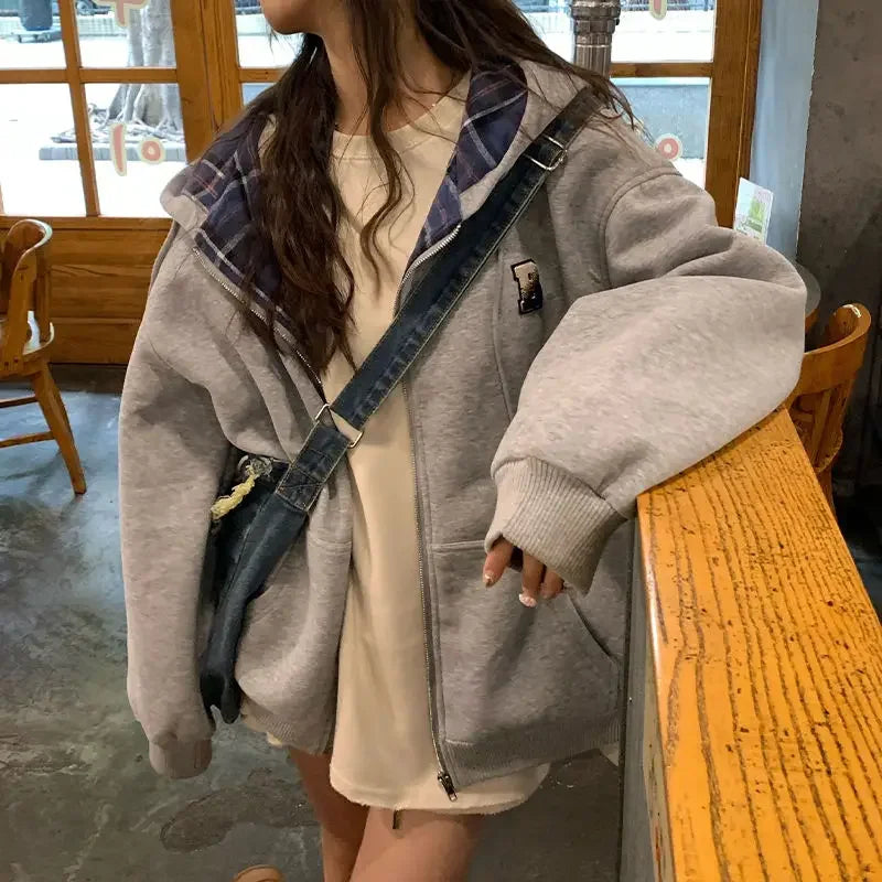Brown Zip Up Hoodie Women 2023 Autumn Lattice stitching Long Sleeve Casual Oversized Sweatshirt Solid Jacket Women Clothing