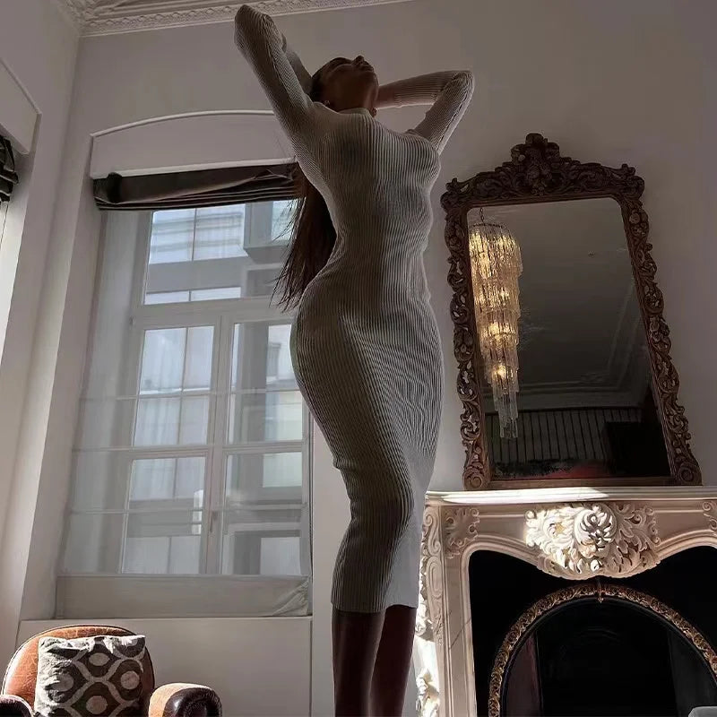 2024 New Autumn Knitted Turtleneck Dress Women Long Sleeve Bodycon Midi Dresses Female Elegant Fashion Solid Color Skinny Dress