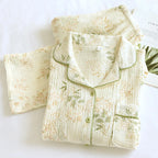 2025 New Spring and Autumn Women's Pajama Set 100% Cotton Crepe Printed Long Sleeve Pants Two Piece Home Suit Set Sleepwear