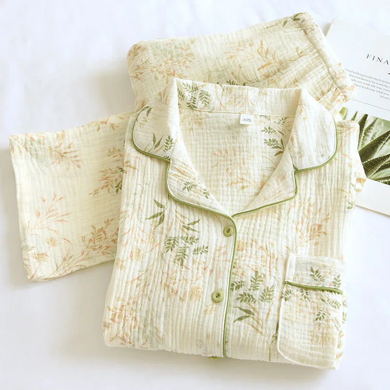 2025 New Spring and Autumn Women's Pajama Set 100% Cotton Crepe Printed Long Sleeve Pants Two Piece Home Suit Set Sleepwear