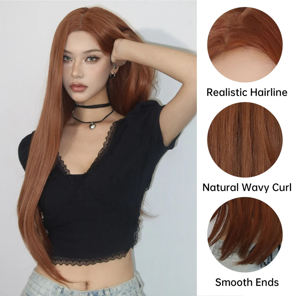 Copper Ginger Brown Long Straight Wig Synthetic Women's Wigs Middle Part Cosplay Daily Use Natural Hair Heat Resistant Fibre