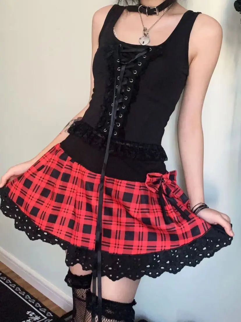 2025 Streetwear Lace Patchwork Tank Tops Women Y2k Aesthetic Halter Crop Top Sweet Bandage Off Shoulder Cross Drawstring Tanks