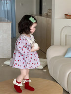 2025 Spring New Baby Girl Long Sleeve Dress Cute Strawberry Print Newborn Toddler Princess Bodysuit Dress Kids Girls Lace Dress