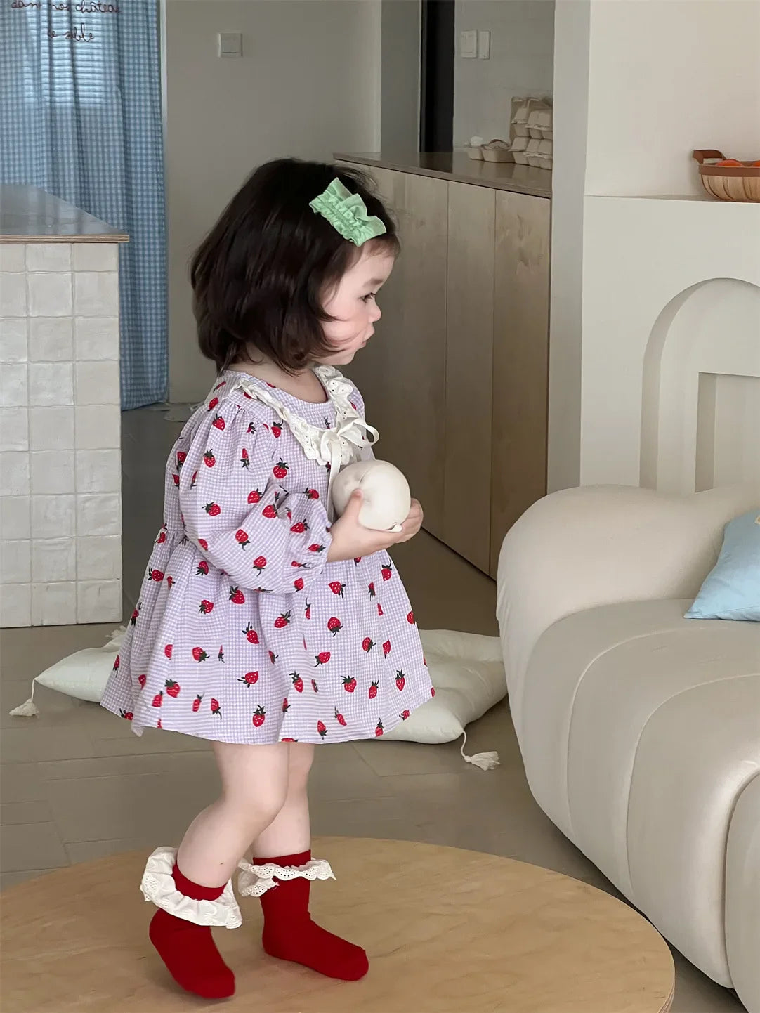 2025 Spring New Baby Girl Long Sleeve Dress Cute Strawberry Print Newborn Toddler Princess Bodysuit Dress Kids Girls Lace Dress