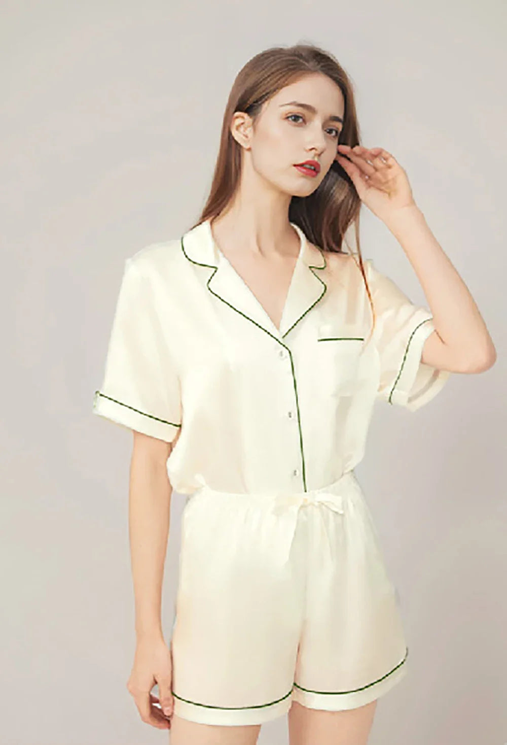 100% Real Mulberry Silk Womens Pajamas Set Sleepwear Pjs Button Down Short Sleeve Shirt Top and Shorts Loungewear 2 Piece M-4XL