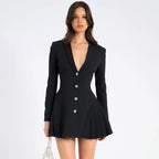 2025 Autumn New Fashion V-Neck Short Dress Women Elegant Temperament Office Lady Blazer Dress Sexy Slim Pleated Black Dresses
