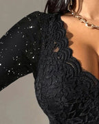 Blouse for Women Slim Deep V Neck T-Shirt 2025 Sexy Scallop Trim Lace Patchwork Glitter Flower Embroidery See-Through Shirt