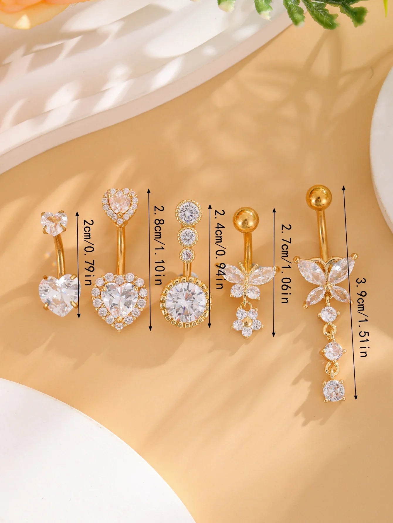 14G Gold Color Series Butterfly Dangled Belly Piercing Sets 5PCS/Lot Heart Flower Curved Navel Navel Ring Belly Button Rings