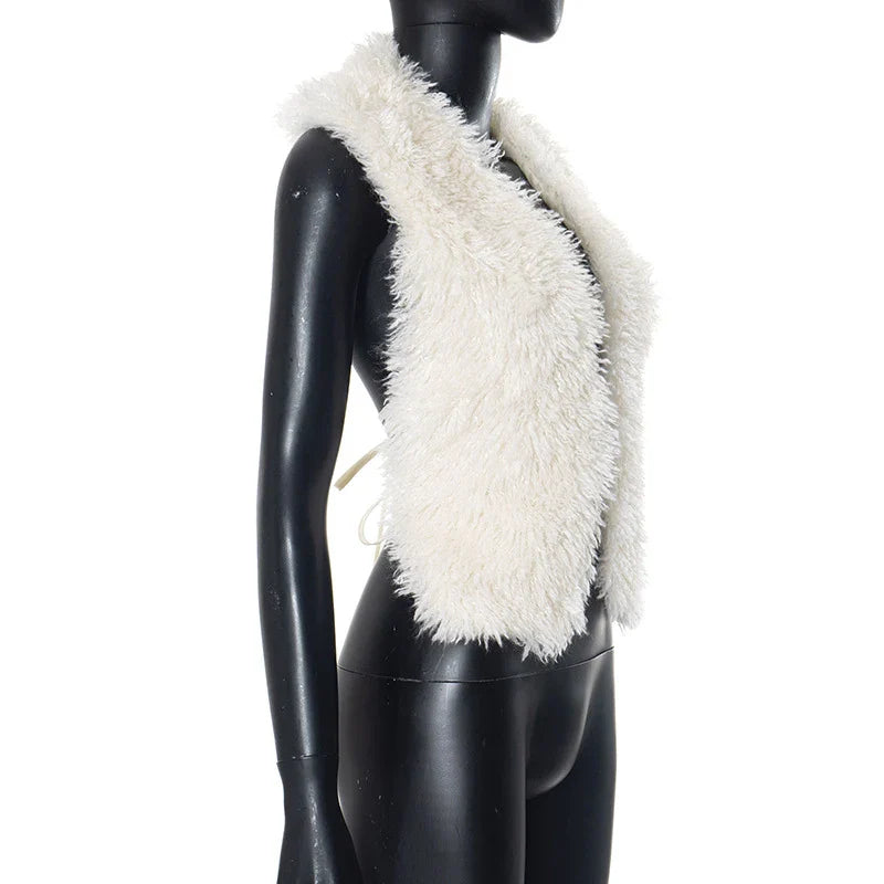 BKLD Sexy Temperament Fluffy Tops For Women High Street Y2K Nightclub Outfits Faux Fur Backless Lacing Solid 2025 Vest Waistcoat