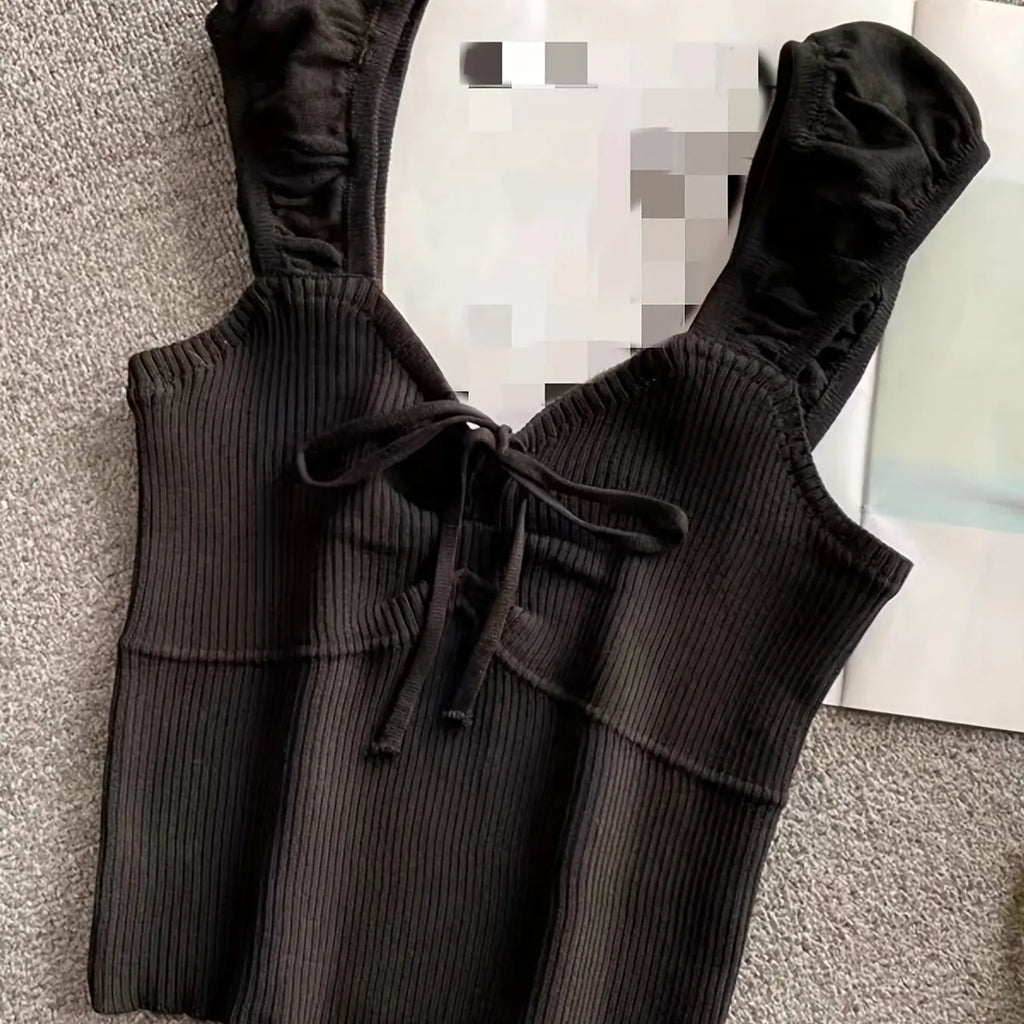 2024 Solid Color Ribbed Knotted Tank Top Casual Round Neck Tank Top For Spring & Summer Women's Clothing Knit Crop Top