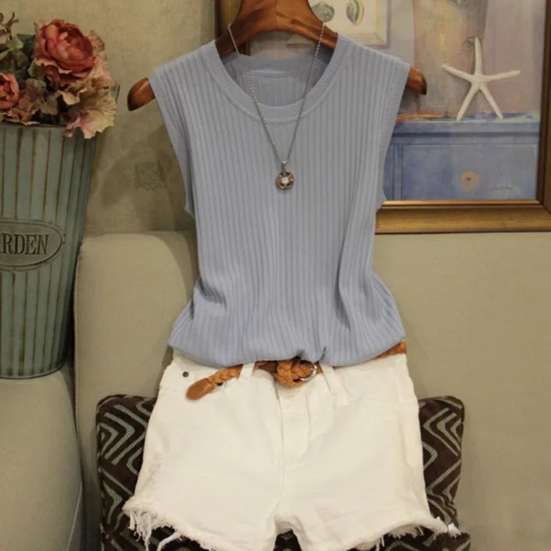 1pcs Summer New Fashion Knitted Vests O-neck Sleeveless Casual Thin Tops