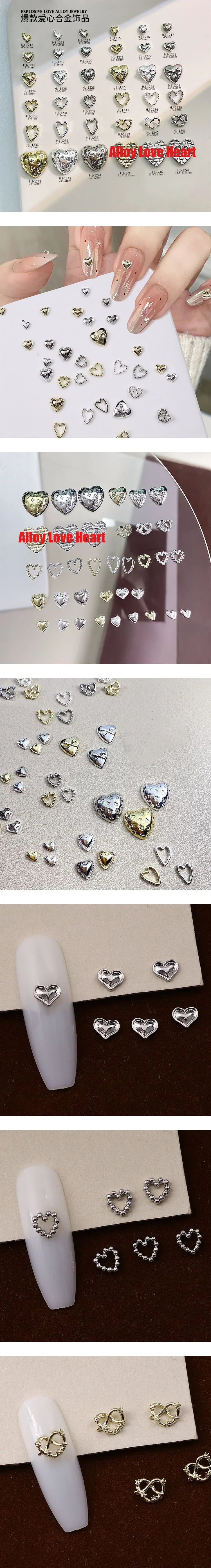20PCS 3D Glossy Gold Silver Metallic Love Heart Various Crook Frame Solid Alloy Nail Art Rhinestones Decorations Manicure Charms