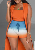 3Pcs Womens Outifits 2025 Summer Fashion Contrast Leopard Print Sleeveless Crop Tank Top & Drawstring Shorts with Vest Coat