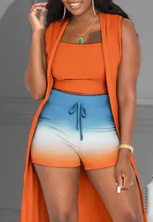 3Pcs Womens Outifits 2025 Summer Fashion Contrast Leopard Print Sleeveless Crop Tank Top & Drawstring Shorts with Vest Coat